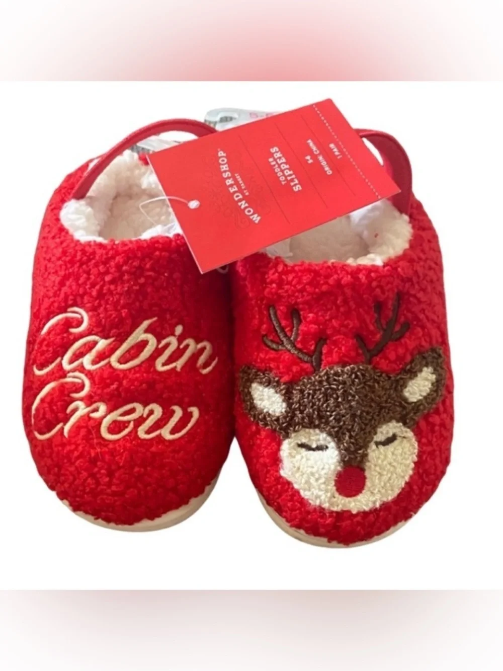 Wondershop Red Cabin Crew Slippers with Reindeer Design. Size 5-6